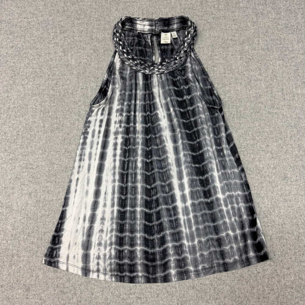 Saint Tropez West Sleeveless Top Small Black White Tie Dye Braided Halter Neck